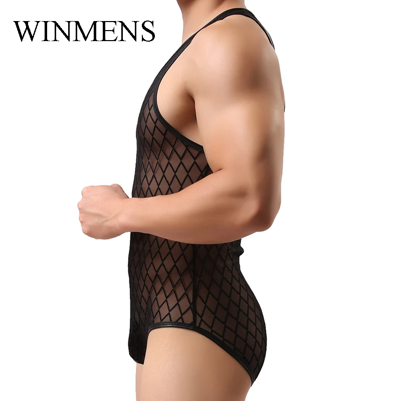 Men's Fishnet Bodysuit Black Mesh See 