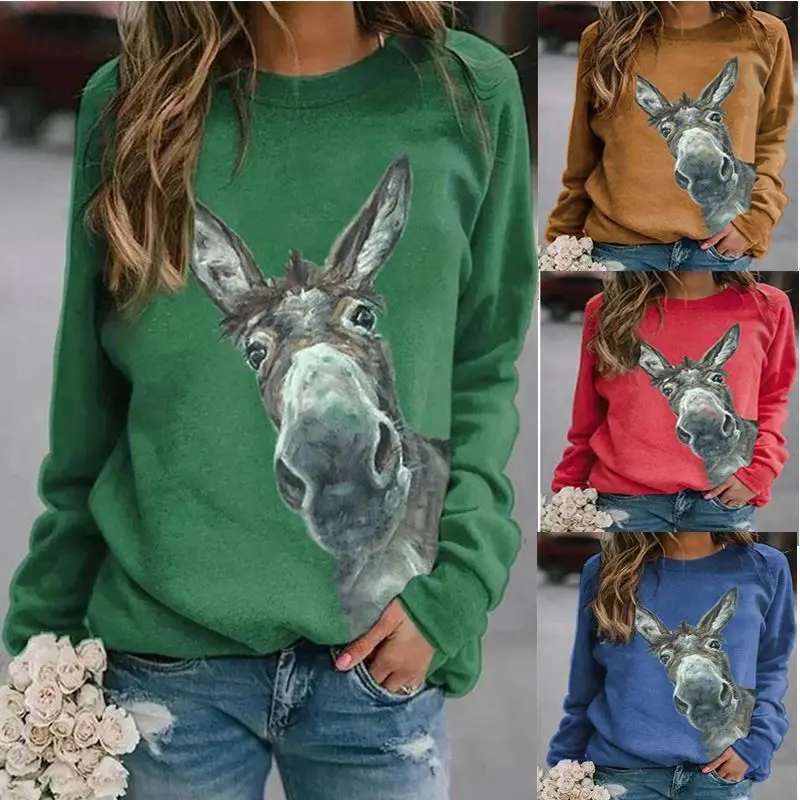 

Hoodie Women Fashion Casual Loose Tops Animal Print Long Sleeve O-neck Pullovers Sweatshirt Female Oversized Streetwear Regular