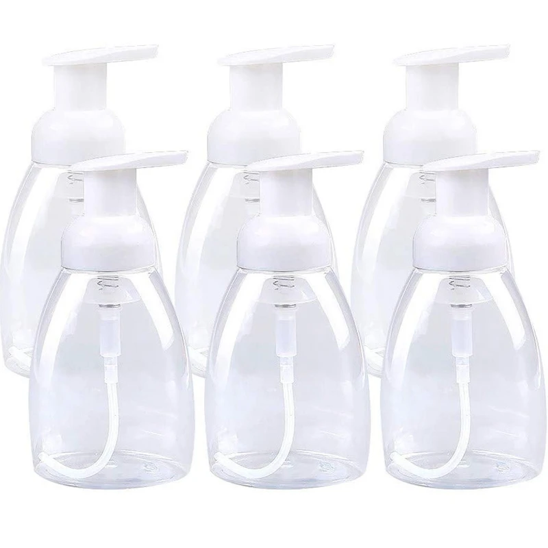 

Oval Clear Plastic Soap Dispenser Pump Bottles with White Plastic Tops 10Oz Capacity 6 Pack (Soap Dispenser Set)