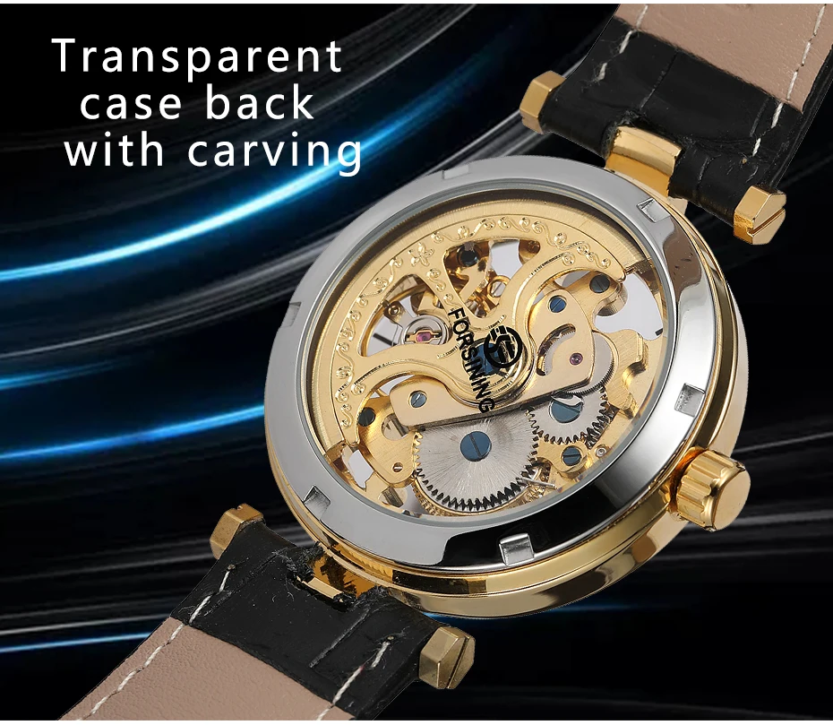 Лидирующий бренд, роскошные FORSINING, Мужские автоматические механические часы, золотой скелет, дизайн из натуральной кожи, светящиеся водонепроницаемые часы