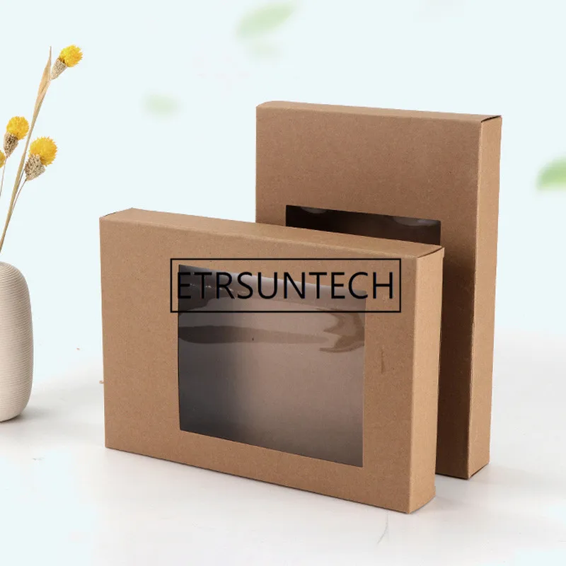 200 шт./лот большая бумажная коробка с крафт-бумага с окошком Подарочная коробка Упаковка для тортов, украшение для свадьбы, дома, вечерние упаковка для кексов 29x20x4,5 см