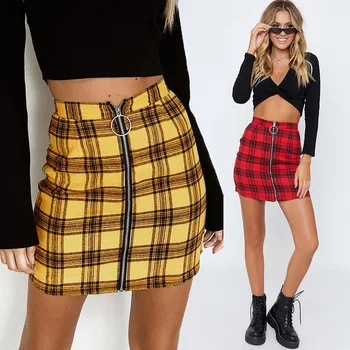 

2019 Women's Fashion Sexy High Waist Skirt Zipper Miniskirts Plaid Sheath Skirt Women Bodycon Skirt