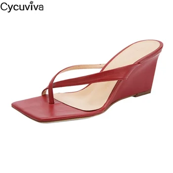 

Concise Red Narrow Belts Women Slippers Flat Head Wedge Heels Mules Flop Flip Summer Ladies Shoes Runway Party Slid Shoes Women