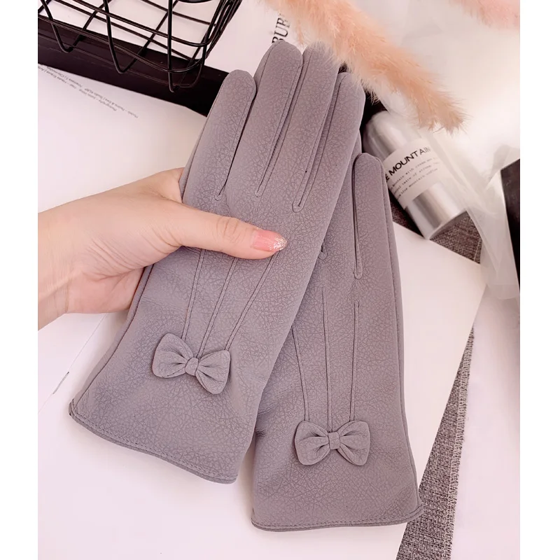 Leather gloves female winter plus velvet thick warm cute student riding driving windproof waterproof touch screen gloves