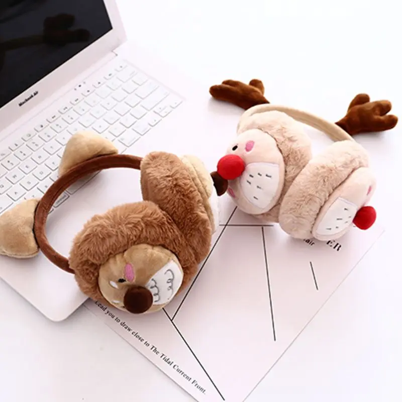 Womena Winter Christmas Plush Earmuffs Cartoon Reindeer Antler Party Ear Warmer