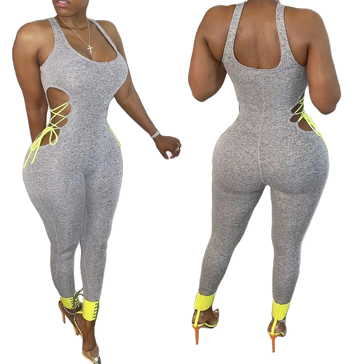 

AA Hollow Out Lace-up Jumpsuit Rompers Trousers Sexy Women Sleeveless Sports Causal Summer Pants Jumpsuit Pure Color Jumpsuit