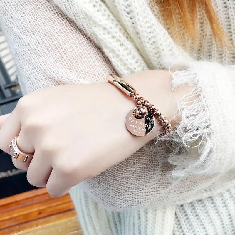 Titanium Steel High Quality Double Elastic Rope Beads Round Charm Bracelet For Women Gold Color Bracelet Jewelry Lover Gift