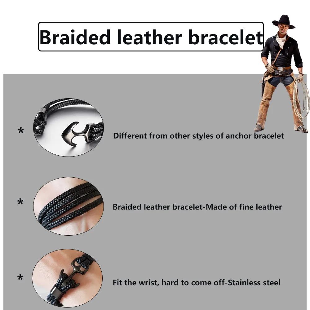 Men's Titanium Steel Bracelet Black Personality Leather Woven Anchor Leather Bracelet Rope Bracelet For Men Gift High Quality