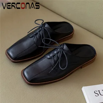 

VERCONAS Mules New Arrival Woman Pumps Genuine Leather Woman Sandals Concise Shoes Lace-Up Square Toe Square Heel Shoes Woman