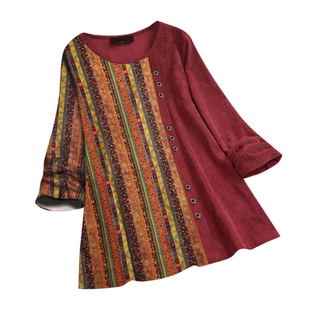 Женские топы и блузки boho S-5XL для женщин вельвет Принт пэчворк длинный рукав Винтаж размера плюс Топ рубашка блузка#3 - Цвет: Красный
