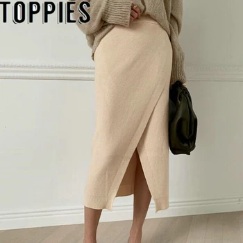 

Woman Autumn Solid Color Thickening Knitting Skirt High Waist Split Midi Warm Skirts Beige Coffee Knit Skirt