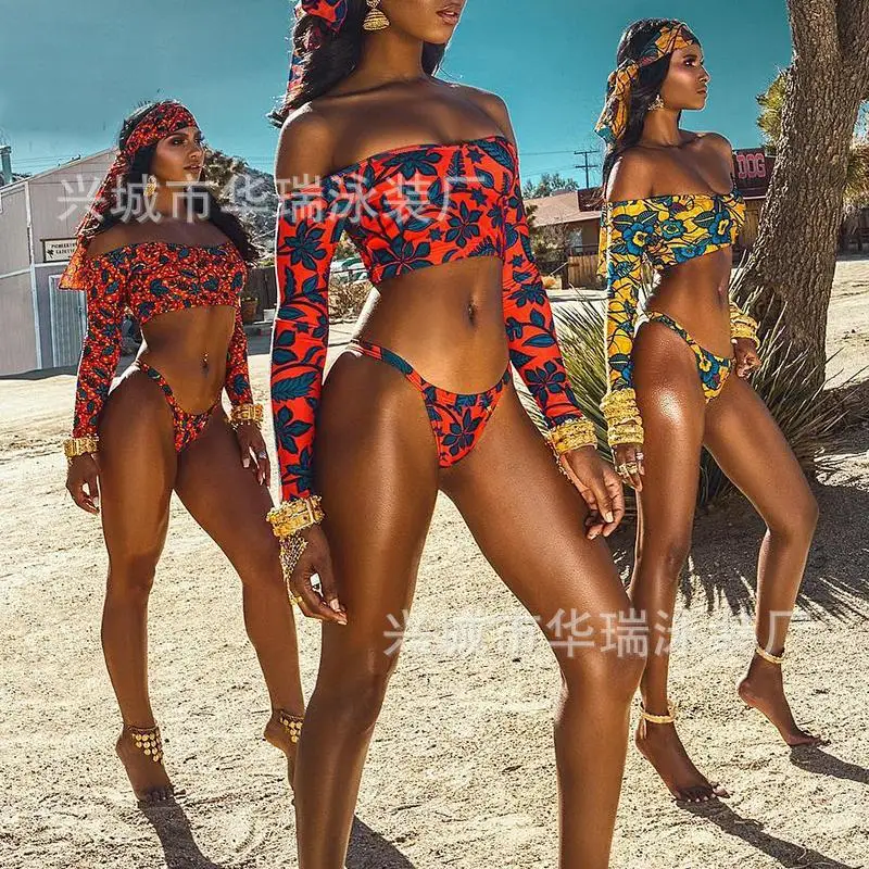 

New Style Long-Sleeve Strapless Printed Bikini European And American Sexy Hot Selling Wish Multi-Color Bikini Ms Split Swimsuit