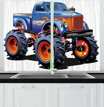 

Man Cave Kitchen Curtains Cartoon Monster Truck with Huge Tyres Off-Road Heavy Large Tractor Wheels Turbo Window Curtain