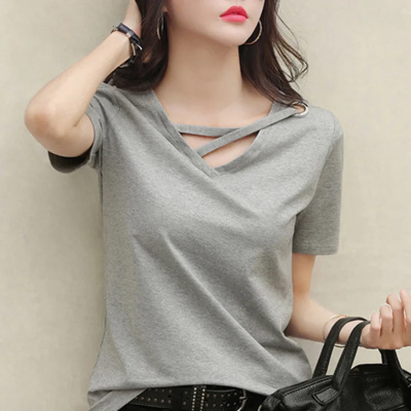 New summer short sleeve women white t-shirt women V-neck loose Korean black top casual compassionate trend t shirt women