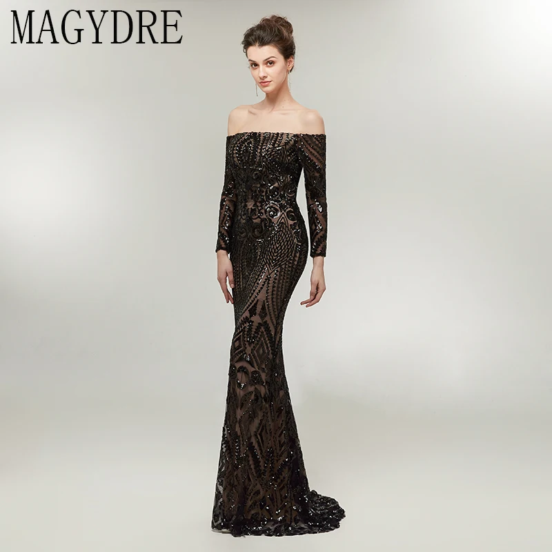 Черное элегантное вечернее платье Русалка с длинным рукавом robe de soiree вырез лодочкой Длина пола Тюль длинное платье