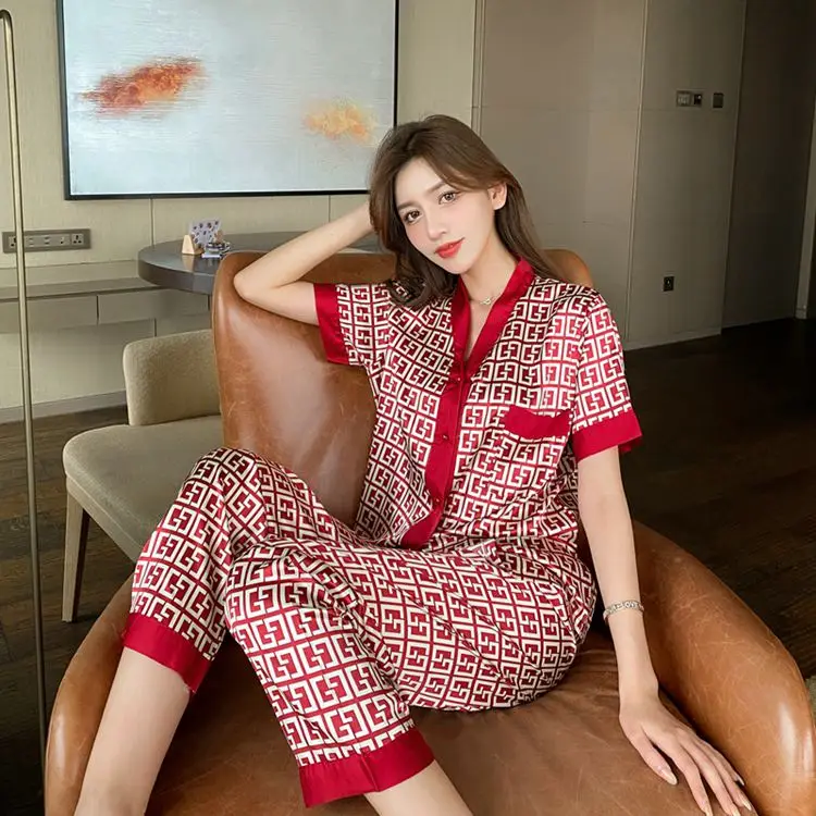 JRMISSLI Women Pajamas Set New Luxury Style Cross Letter Print Sleepwear Silk Pijama Leisure Home Clothes Nightwear Pyjama | Женская