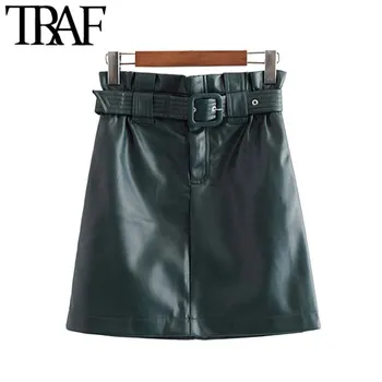 

TRAF Women Vintage Stylish With Belt Faux Leather Mini Skirt Fashion High Elastic Waist Side Pockets Female PU Skirts Mujer