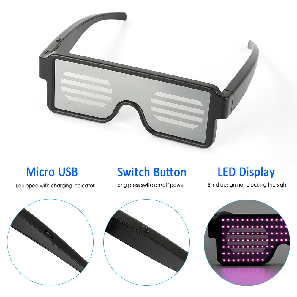 Волшебные Вечерние светодиодные очки с Bluetooth, защита приложения, легкие очки, зарядка через USB, многоязычное Управление приложениями