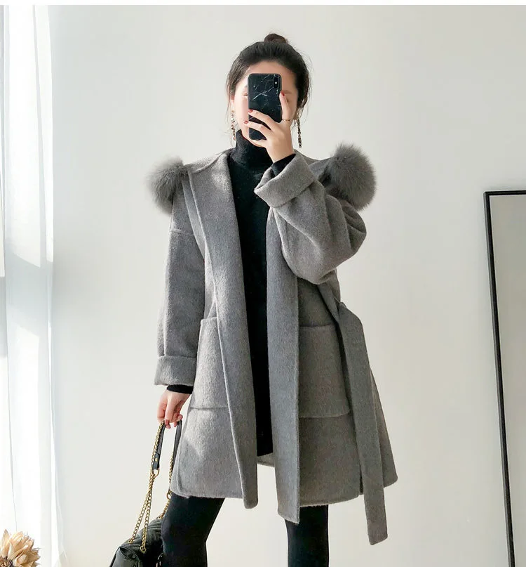 Кашемировое шерстяное пальто для женщин с воротником из натурального Лисьего меха размера плюс модное зимнее пальто для женщин свободное Женское пальто высокого качества