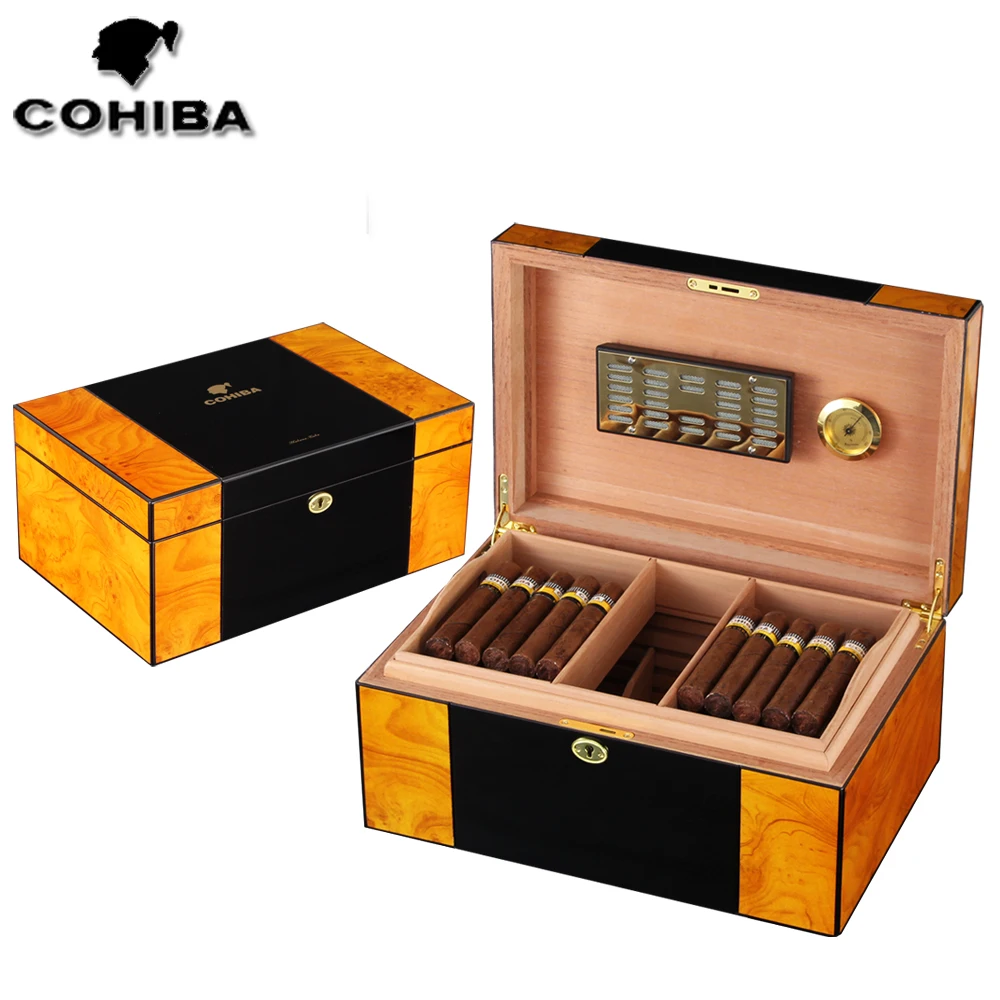Домашний чехол для сигар COHIBA из кедрового дерева с глянцевой отделкой для пианино, коробка для увлажнения сигар с блокировкой, гигрометр