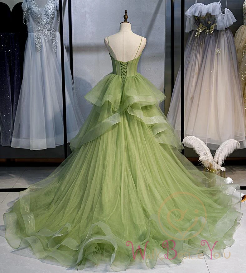 Long Woman Ceremony Dress Prom Fruit Green Ball Gown Tiered Tulle Princess Sweetheart Spaghetti Strap Chapel Train Evening Gown