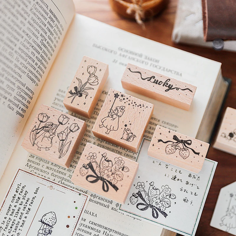 1pc Cute Girl Strawberry Flowers Stamp Small Fresh Style Wooden Stamps for Scrapbooking Photo Album DIY Craft Supplies Kawaii | Дом и сад