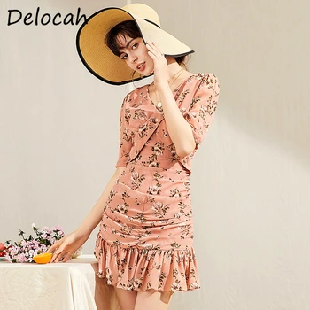

Delocah Summer Women Bodycon Mermaid Dress Fashion Designer Sexy V-Neck Draped Floral Print Elegant Party Ladies Short Dresses