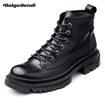 

Recommand! Pure Black Cool Boots Men's Genuine Leather Hight End Winter Shoes Thick Heel Work & Safety Motorcycle Boots Boys