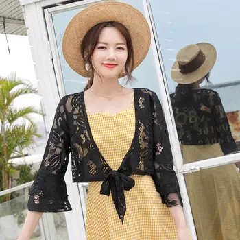 

Women Summer 3/4 Flared Sleeves Short Cardigan Hollow Out Floral Lace Tie Front Black Shawl Shrug Sunscreen Beach Bolero
