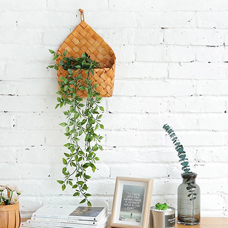 Hanging Wicker Basket Hand-Woven Wood Storage Basket Portable Wall Hanging Flower Fruit Basket Organizer Rattan Box Home Decor 5