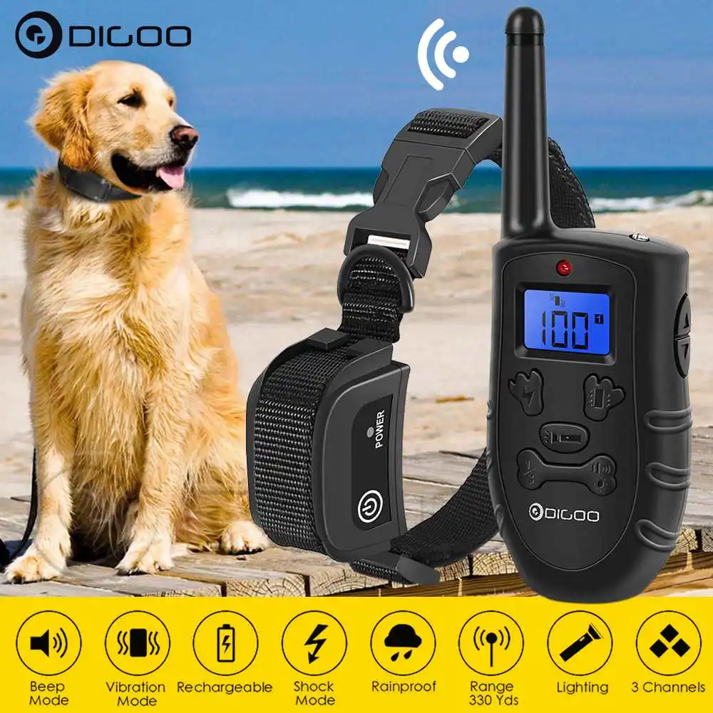 Digoo DG-PPT1, Collar de perro electrónico recargable, entrenamientos de perros pitido/vibración/estimulación estática, para dejar de ladrar, 330 Yds todos los tamaños