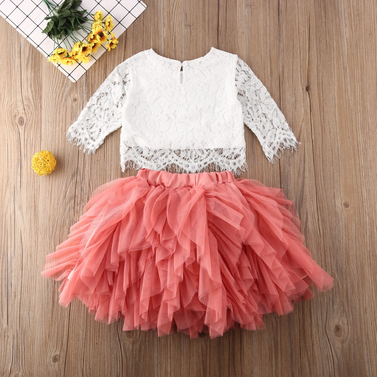 1-6Y Princess Kids Baby Girl Long Sleeve Lace Tank Tops Tutu Tulle Ball Gown Formal Skirt 2PCS Outfits Party Clothes Set