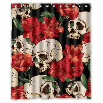 

Bathroom Decor Skull Red Flowers Waterproof Shower Curtain