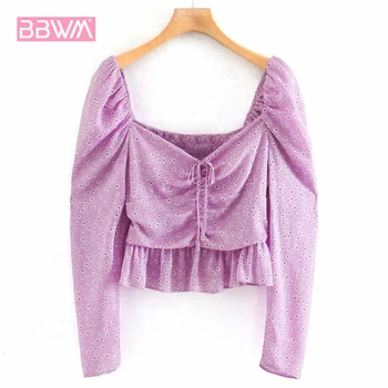 

2020 Summer New Style Thin Low Chest Bow Printed Women's Shirt Sexy Long Sleeve Elegant Chic Female Tops Purple
