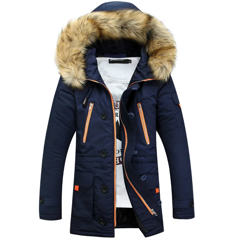 

Men Winter Thick Cotton Down Jacket with Faux Fur Collar Hooded Long Waterproof Outerwear Parka Male Windbreaker Warm Coat