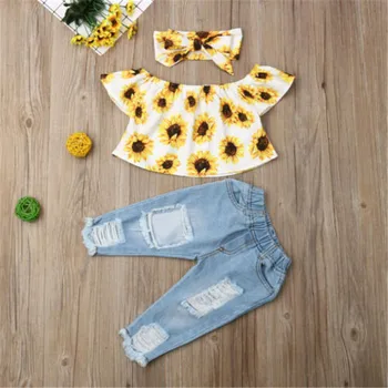 

2020 Baby Girl Summer Clothing 3 Pcs Outfit Clothes Cute Baby Sunflower Top+Denim Trousers Suit