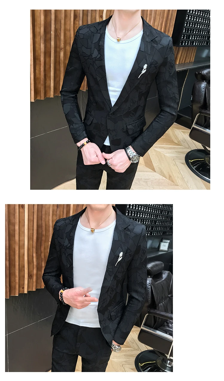Blazer+pants) Men's Jacquard Slim Business Banquet High-grade Suits Fashion Groom Wedding Luxury Formal Suit Two-piece