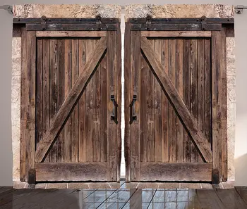 

Rustic Curtains Wooden Barn Door in Stone Farmhouse Vintage Desgin Rural Art Architecture Living Room Bedroom Window Drapes