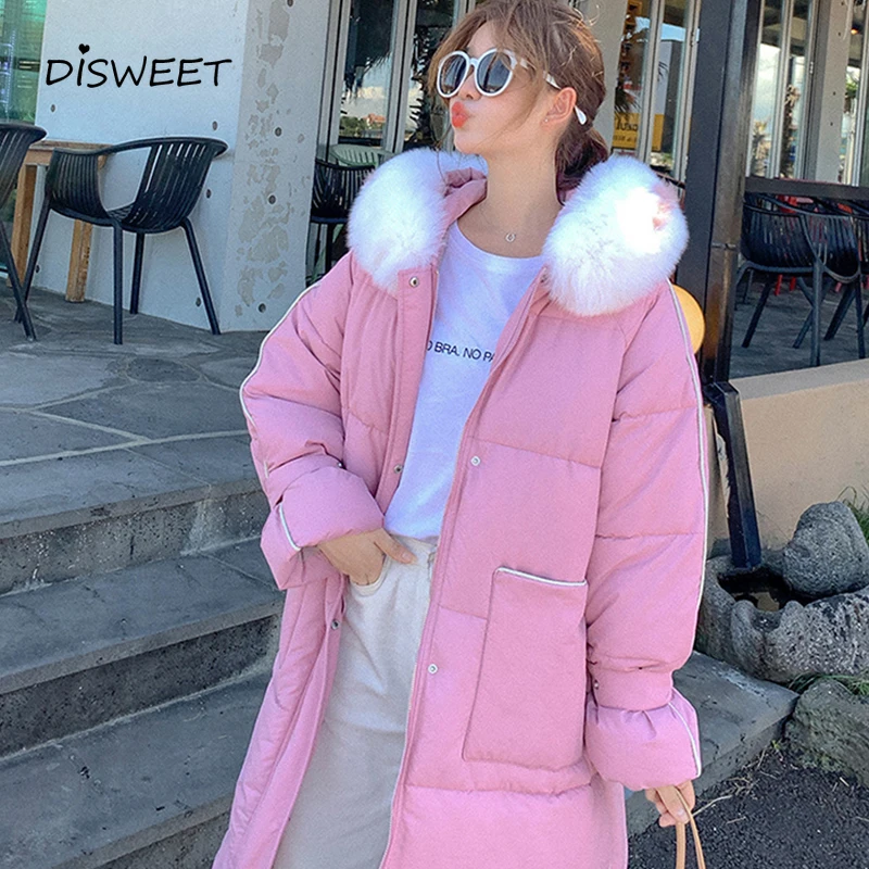 Зимнее длинное пальто с меховым воротником Harajuku, куртка с капюшоном и длинными рукавами, теплая зимняя женская модная куртка Parker с плюшевой подкладкой для женщин