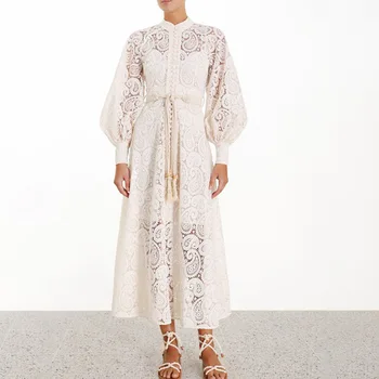 

High Quality White Women Dress Long Lantern Sleeve Fashon Night CLub Lace Celebrity Party Dress