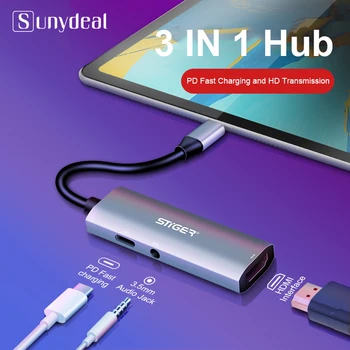 

USB C Adapter Type-c Hub to HDMI 3.5mm Aux Audio Cable 3 in 1 USB Type c Charger to PD Fast Charge Cable For Macbook Laptop