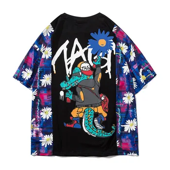 

2020 Summer Mens Crocodile Print Oversized T Shirt 75% Cotton Hiphop Streetwear Unisex Short Sleeve Patchwork Couples Top tees