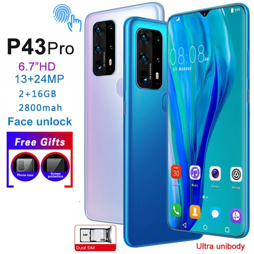 P43pro 6 7 дюймов капли воды экран 2 + 16 Гб Мобильный телефон Смартфон отпечатков