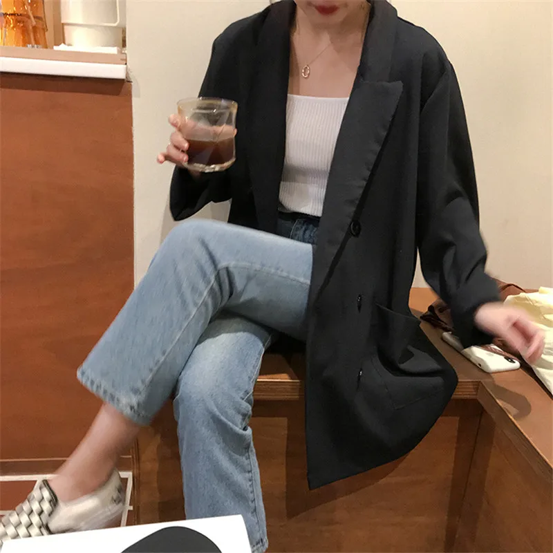 CBAFU винтажный однотонный шифоновый пиджак для женщин с длинным рукавом двубортное офисное пальто; костюм; Куртка Свободная верхняя одежда Розовый Черный P520