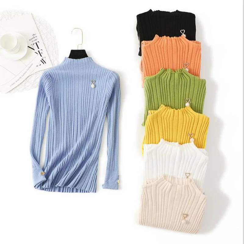 

2019 Autumn Winter Women Pullovers Sweater Knitted Elasticity Casual Bottoming Fashion Slim Turtleneck Warm Female Sweaters blue