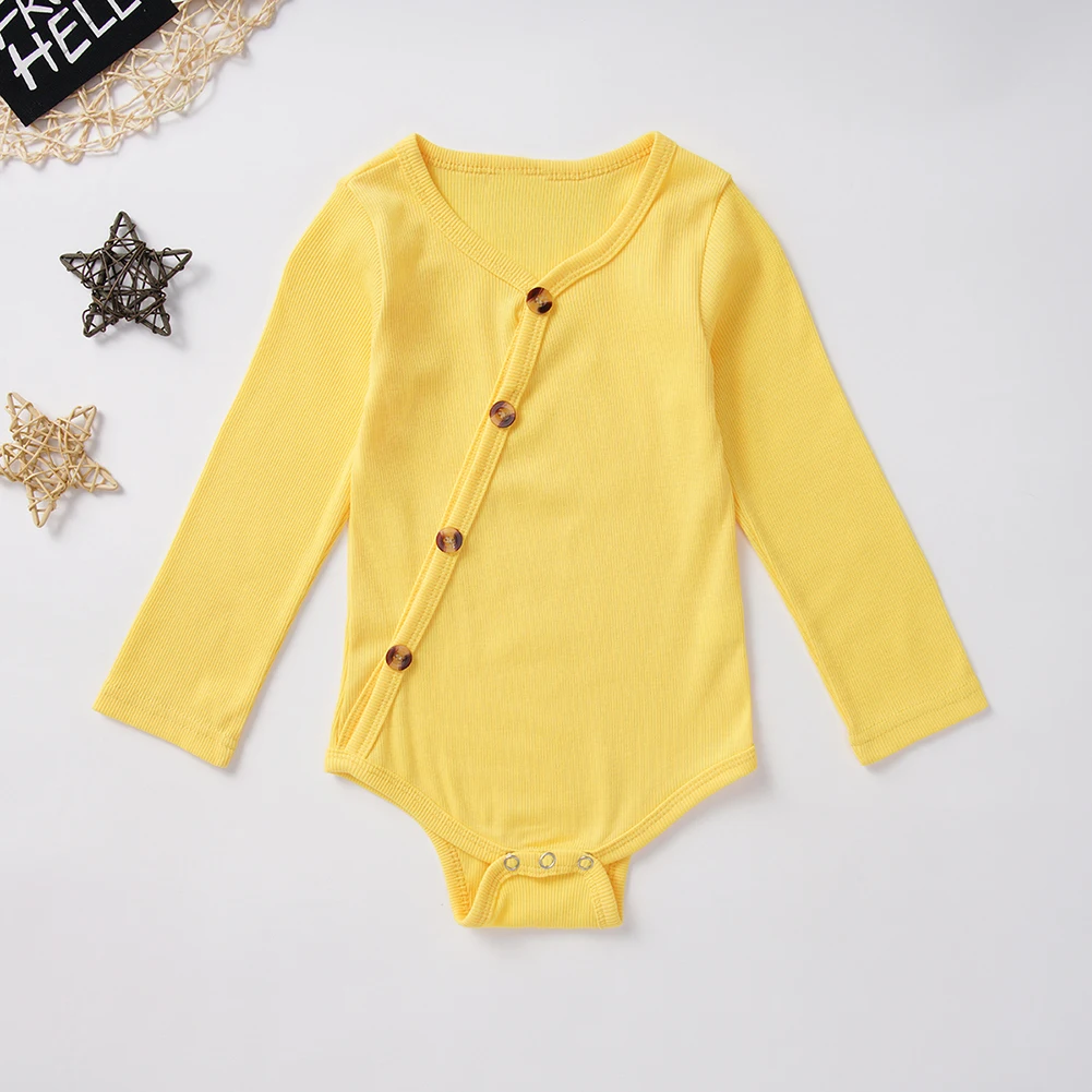 Fashion Autumn Baby Bodysuits Boys Girls Solid Color Long Sleeve Romper Button Jumpsuit