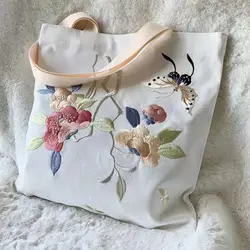 Custom Tote Bag Shopping rose floral butterfly embroidery Original Design White hasp Unisex Fashion Travel Canvas Bags