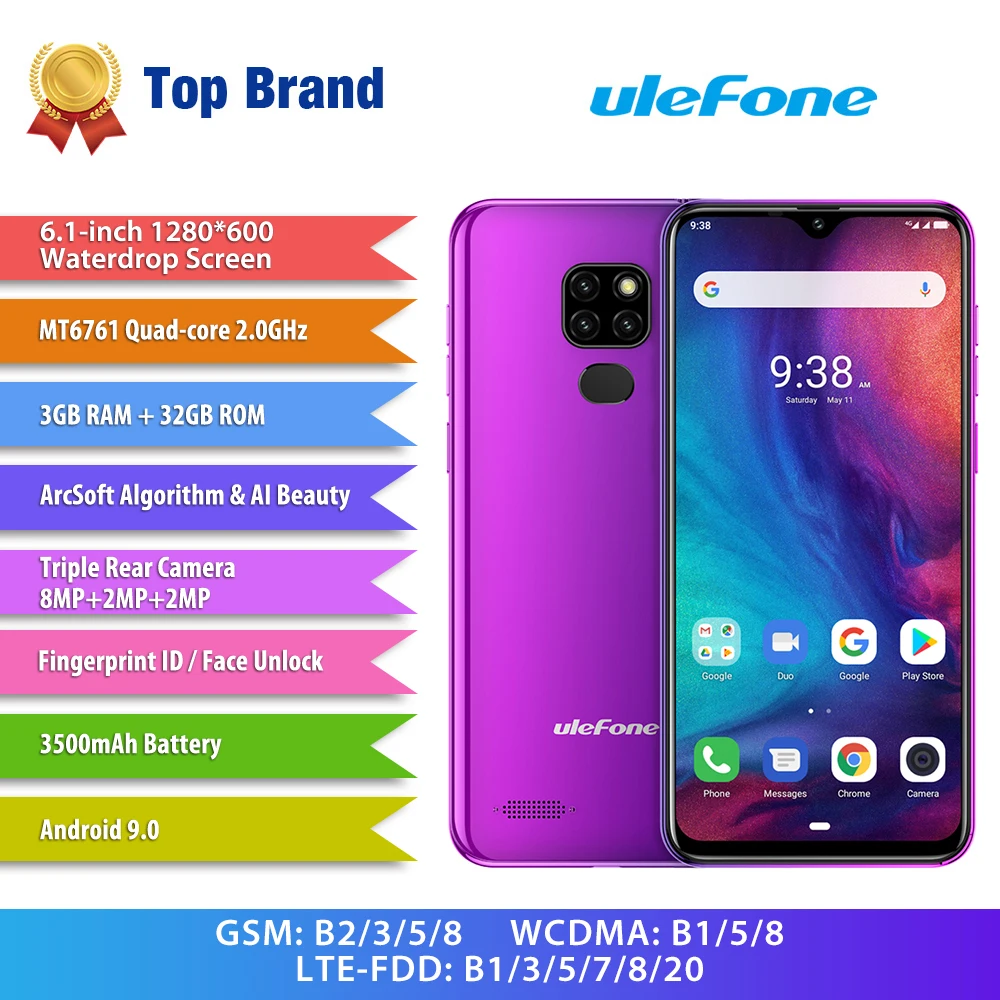  Ulefone Note 7P Android 9.0 Smartphone 3500mAh 6.1 inch Triple Camera Face ID Quad Core 3GB+32GB 4G