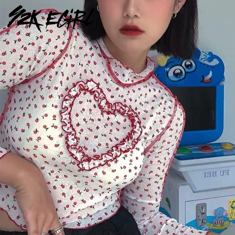 

Y2K EGIRL Cute Stitch Heart Floral T-shirts 2000s Aesthetics Printing Stand Collar Long Sleeve Cropped Tops Kawaii Outfits Slim