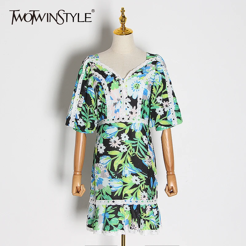 TWOTWINSTYLE Лоскутные кружевные платья с принтом для женщин v образный вырез фонарь